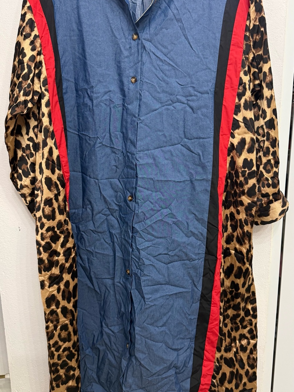Leopard Sleeve Trench Coat with Denim-Blue Center and Red Trim